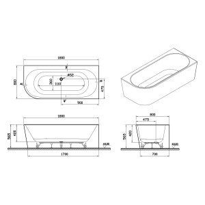 Technische Zeichnung der weißen pianura Eckbadewanne Valentina, 180x80 cm, mit Maßen.