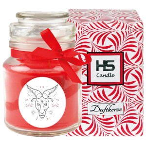HS Candle Duftkerze Sternzeichen Steinbock im Glas mit roter Schleife und Verpackung.