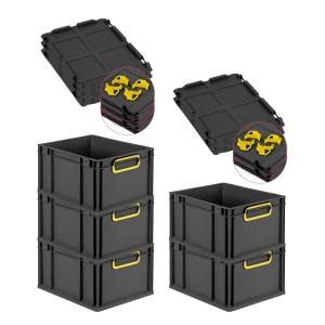 PROREGAL SparSet: 5 Euroboxen Nextgen Color mit Deckel, 20L, schwarz, gelbe Griffe. Aufbewahrungsboxen.