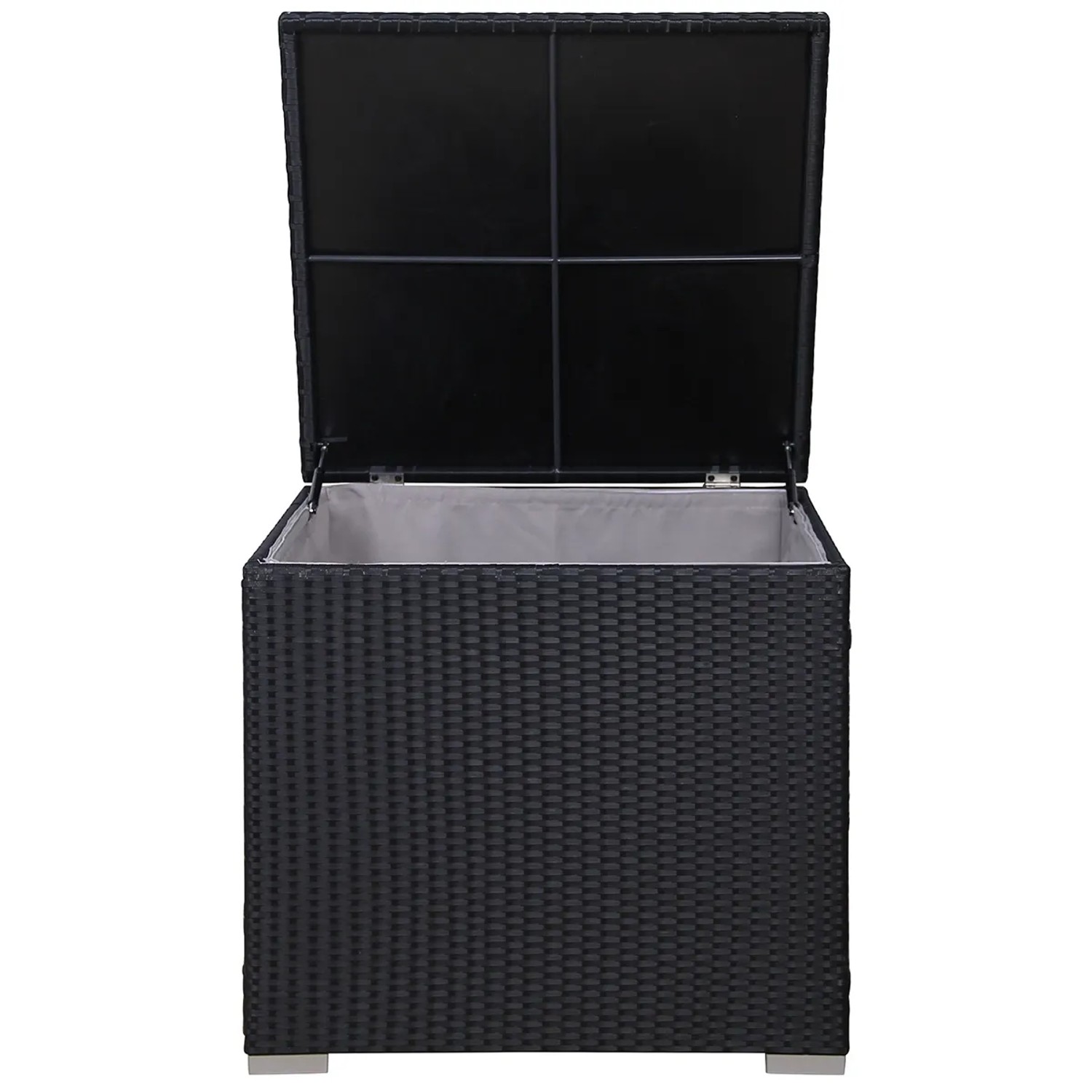 Offene, schwarze SVITA Auflagenbox aus Polyrattan für Gartenmöbel Lugano/California.
