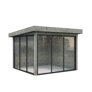 Grau tauchgrundierter Palmako Pavillon Lenna Set 401 mit Schiebetüren und Holzverkleidung, 300x300 cm.