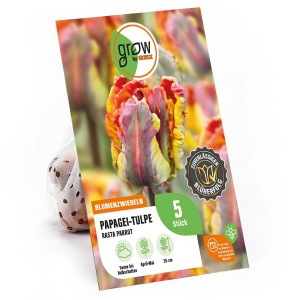 Verpackung GROW by OBI Papagei-Tulpe Rasta Parrot, 5 Stück. Blumenzwiebeln mit farbenfroher Blüte.