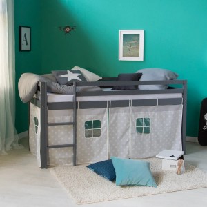 Homestyle4u Hochbett 90x200 mit Vorhang in Grau Sterne 1875