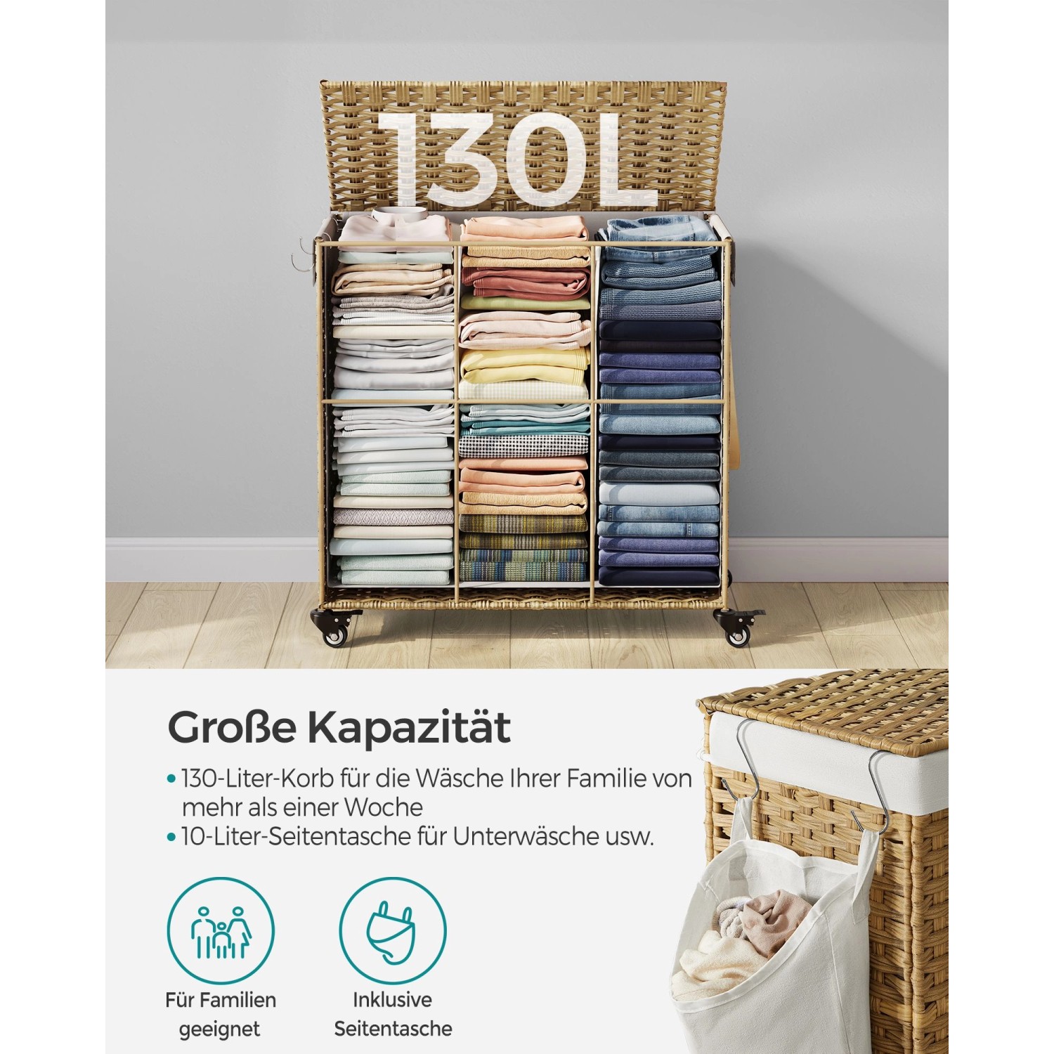 Naturfarbener Songmics Wäschekorb mit Deckel, 3 Fächer und Rollen. Fassungsvermögen 130 Liter.