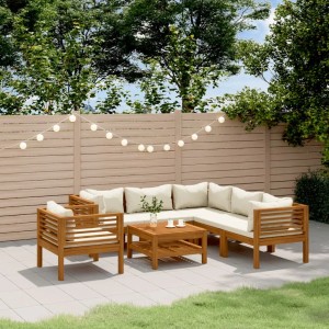 7-teiliges Garten-Lounge-Set aus Akazienholz mit cremefarbenen Kissen. Ideal für Terrasse und Garten.