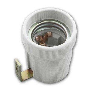 Weiße E27 Keramik-Lampenfassung mit Metall-Befestigungsbügel. Ideal für Leuchtmittel-Montage in Lampen & Leuchten.
