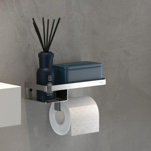 Tiger Caddy Toilettenpapierhalter mit Ablage aus gebürstetem Edelstahl, inklusive Papierrolle, Duftsticks und Feuchttücher.