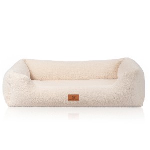 Beiges Knuffelwuff Hundebett Wollekopp, orthopädisches Hundekörbchen mit Kunstfell, Größe M-L.