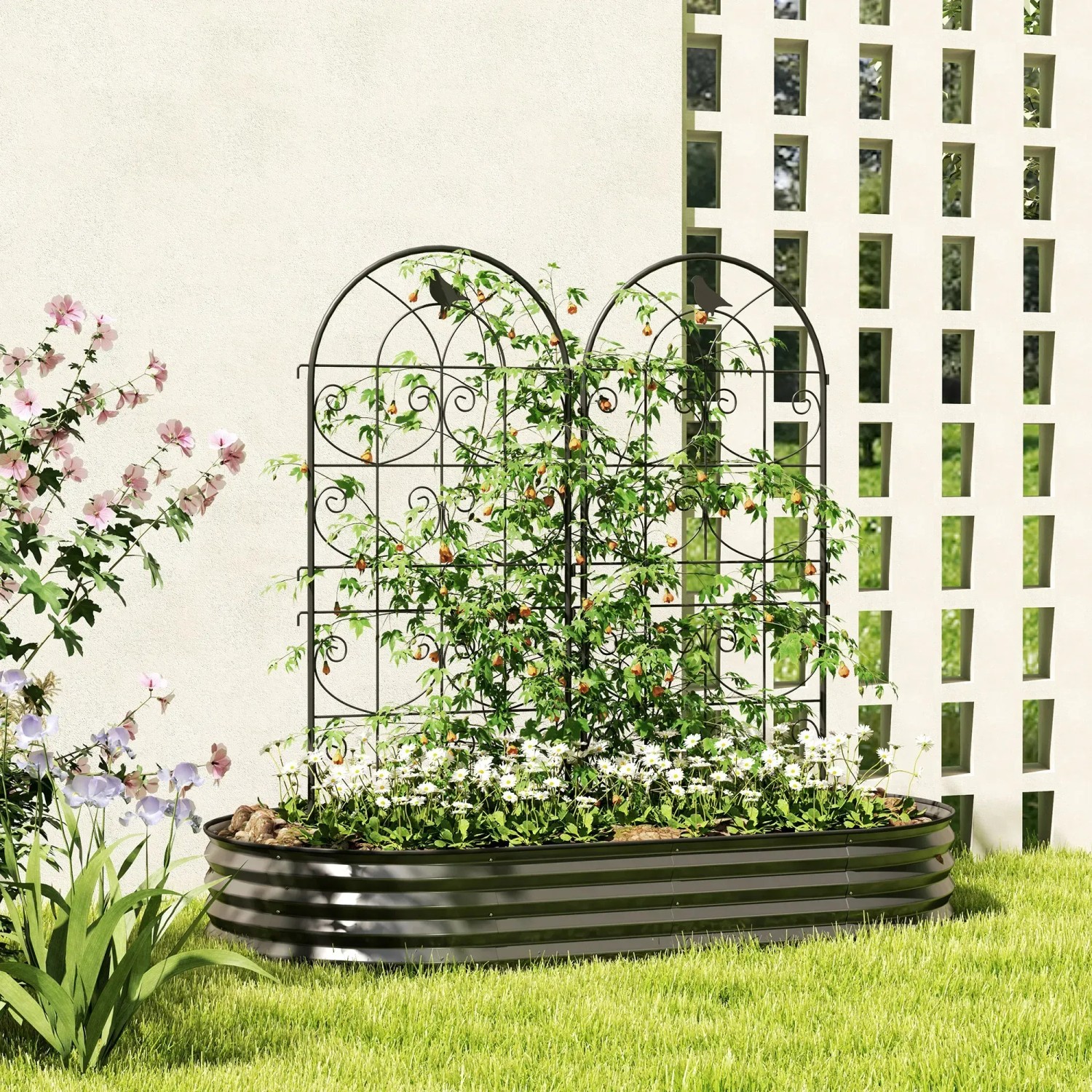 Outsunny Rankgitter A-Form aus Stahl mit Kletterpflanzen und Blumen im Beet.