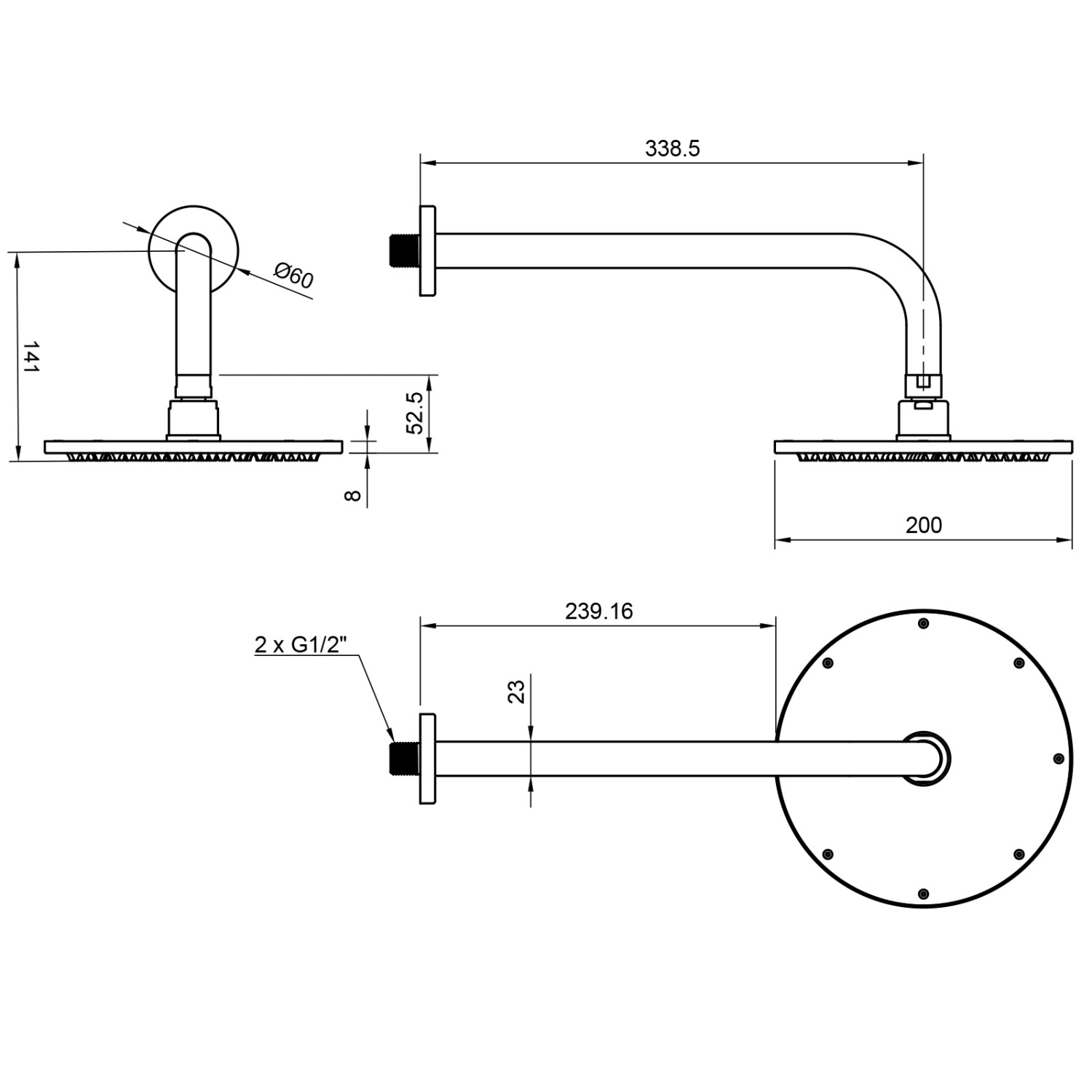 Technische Zeichnung PaulGurkes Duschsystem Komplett Set mit Maßen für Installation.