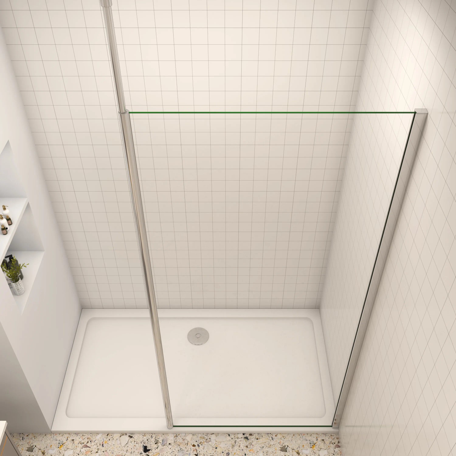AICA Walk-In Duschkabine 110x200cm mit Deckenstrebe, 8mm NANO Glas, chromfarbener Rahmen.