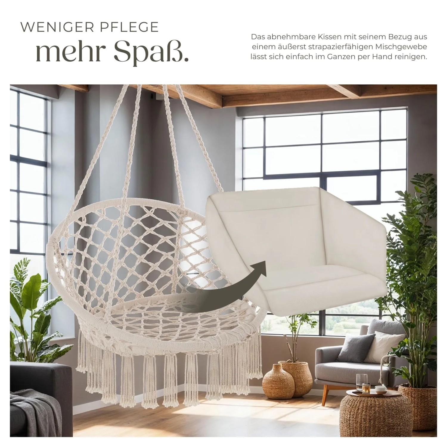 Tectake Hängesessel Grazia Mit Sitz und Rückenpolster Stabil und Strapazierfähig 72 x 80 x 125 cm Beige_7