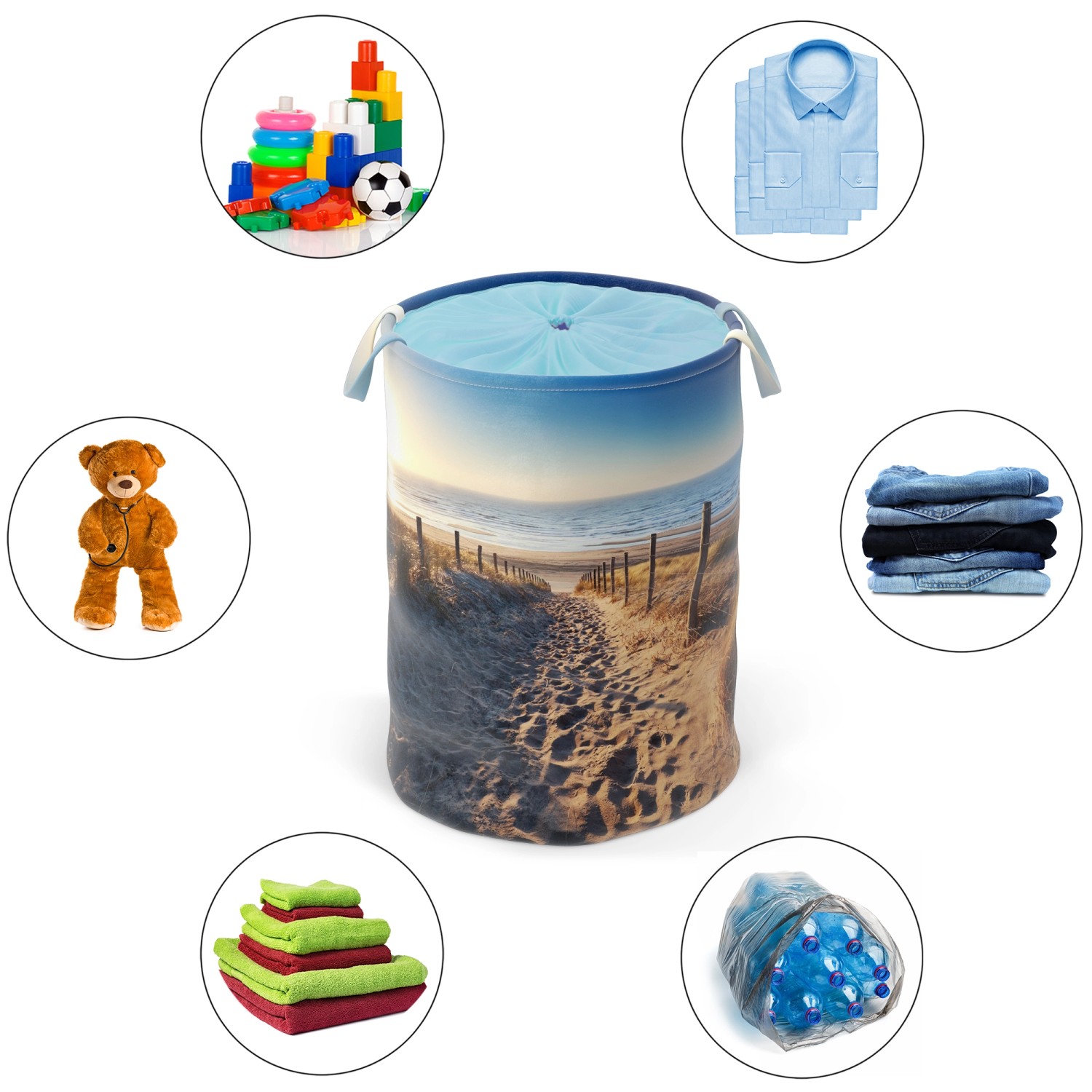 SANILO Wäschekorb Düne mit Strandmotiv, ideal zur Aufbewahrung von Wäsche und Spielzeug.