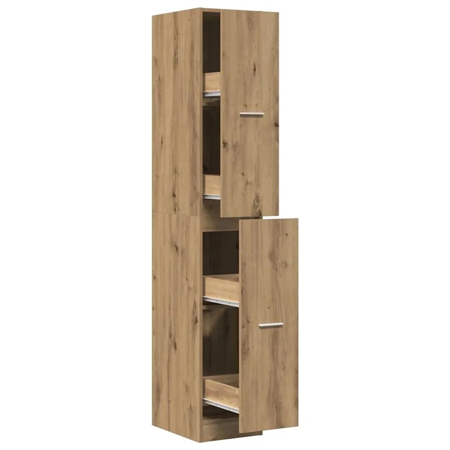 vidaXL Apothekerschrank in Artisan-Eiche mit 4 Schubladen, teilweise geöffnet.