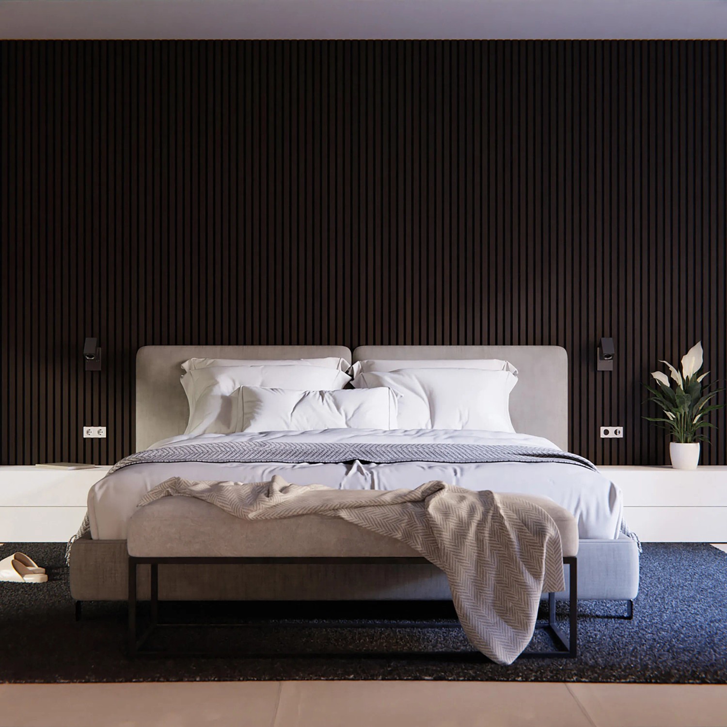 Schlafzimmer mit Akustikpaneel Wandverkleidung Eiche geräuchert, für besseren Raumklang.