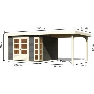 Karibu Gartenhaus Sölve 6 terragrau mit Anbaudach, Maße: 302x306cm. Holz-Gartenhaus mit Doppeltür.