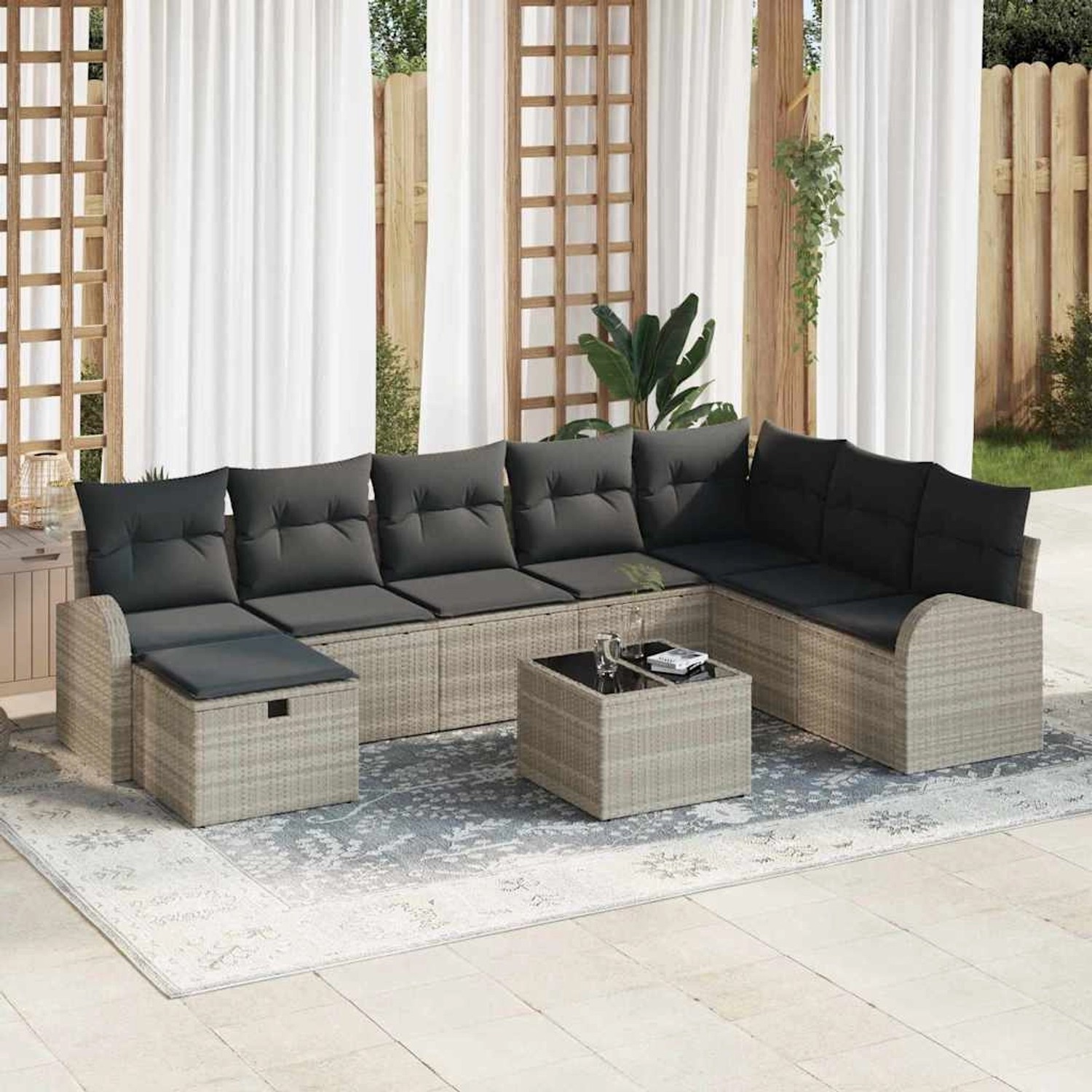 Hellgraues 9-teiliges Garten-Sofa-Set aus Poly Rattan mit Kissen von vidaXL für den Garten.