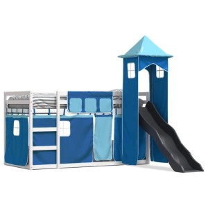 Blaues vidaXL Etagenbett mit Rutsche und Gardinen, ein Abenteuerbett für Kinder.