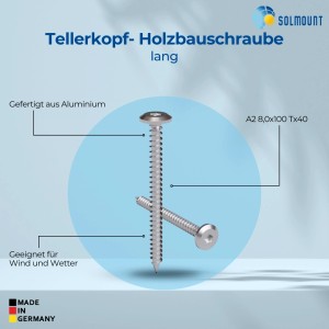 SolMount Tellerkopfschraube A2 8x100, Holzbauschraube mit Schneidkerbe für Solaranlagen.