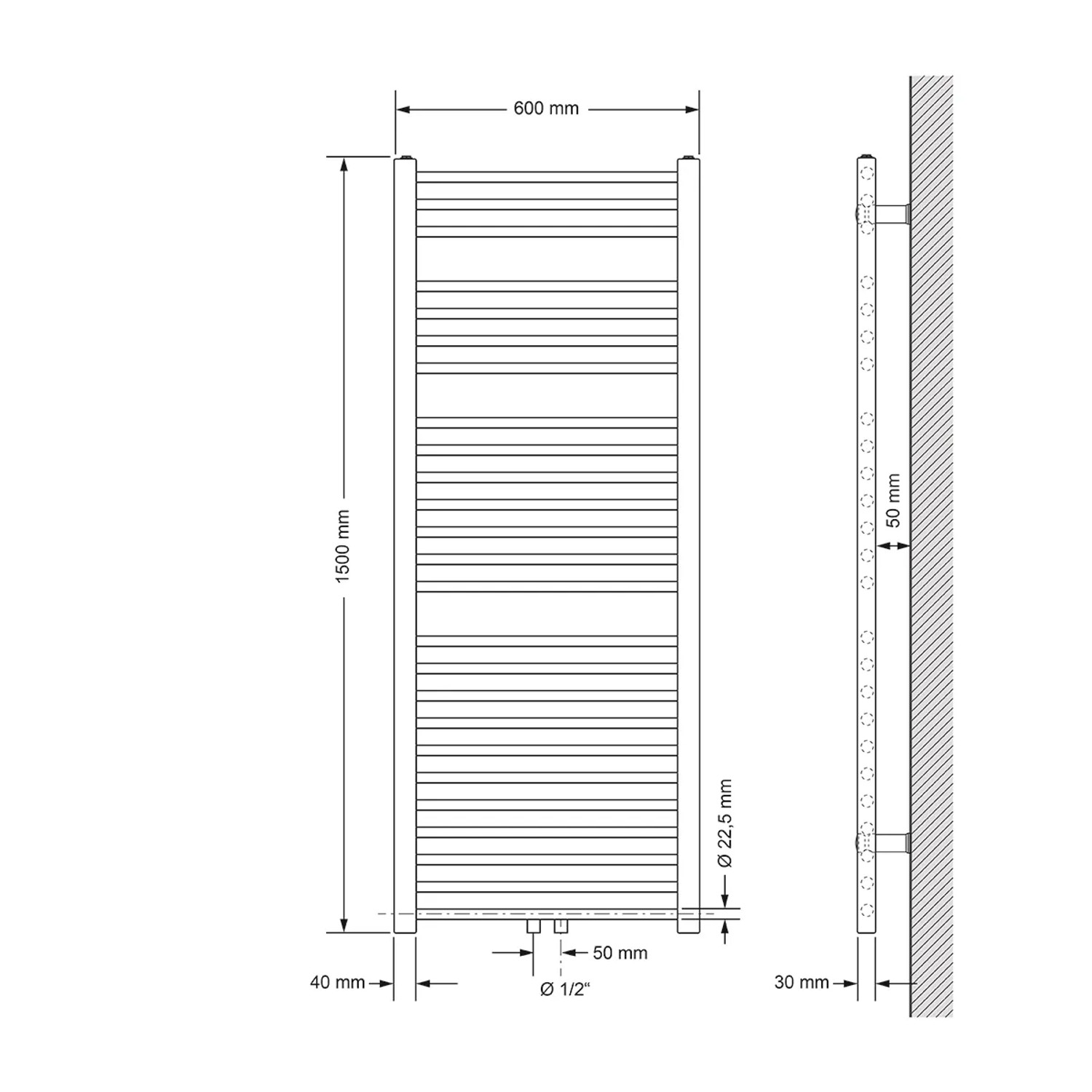 Technische Zeichnung: Weißer LuxeBath Badheizkörper, 600x1500 mm, Mittelanschluss, Maße.