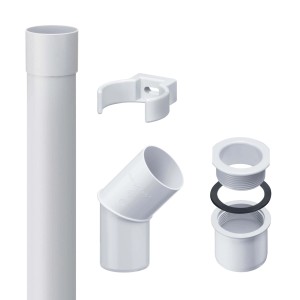 Inefa Fallrohr Set, 2m DN 50, weiß, mit Ablaufstutzen, Rohrschelle und Bogen für Dachentwässerung.