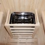 Innenansicht Fasssauna Lahti Deluxe XL mit 8 kW Saunaofen und Holzverkleidung.
