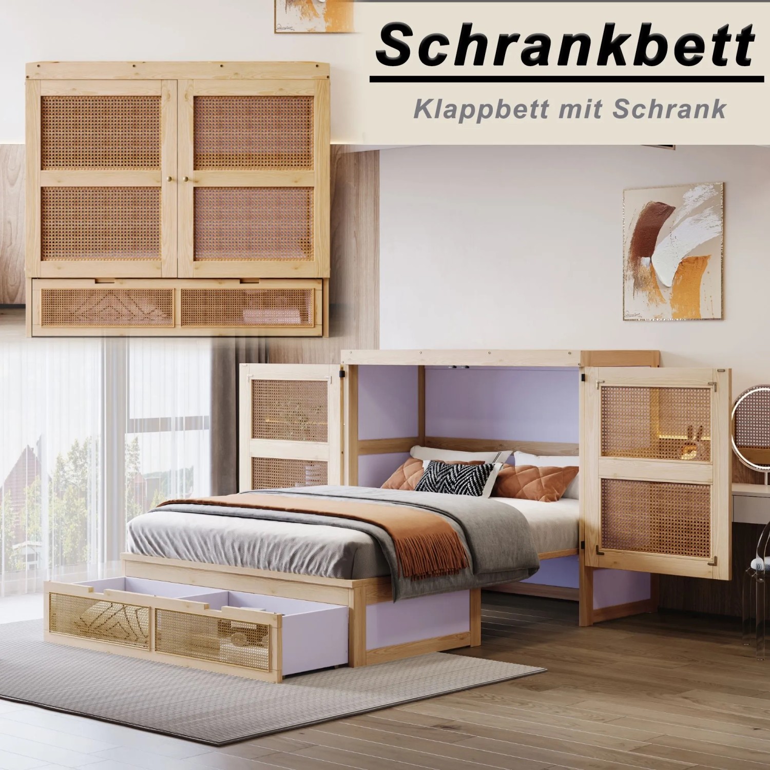 okwish Schrankbett 140x200cm mit Stauraumschubladen Wandbett Jugendzimmer Natur ohne Matratze_6