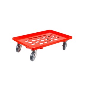 Roter PROREGAL Transportroller für Euroboxen mit Gummirädern, Rasterdeck und 300 kg Traglast.