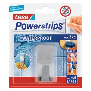 Tesa Waterproof Klebehaken aus Edelstahl mit Powerstrips für Bad & Küche, bis 2 kg.