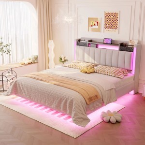 okwish Polsterbett 140×200 Kinderbett mit LED-Beleuchtung und USB-Steckdose ohne Matratze