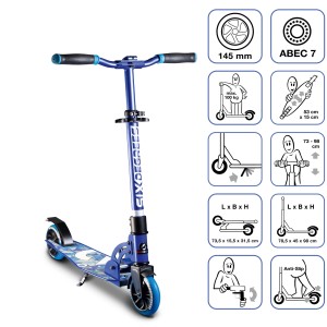 Blauer Six Degrees Junior Scooter mit Klappmechanismus und Ständer. Höhenverstellbarer Aluminium Tretroller.