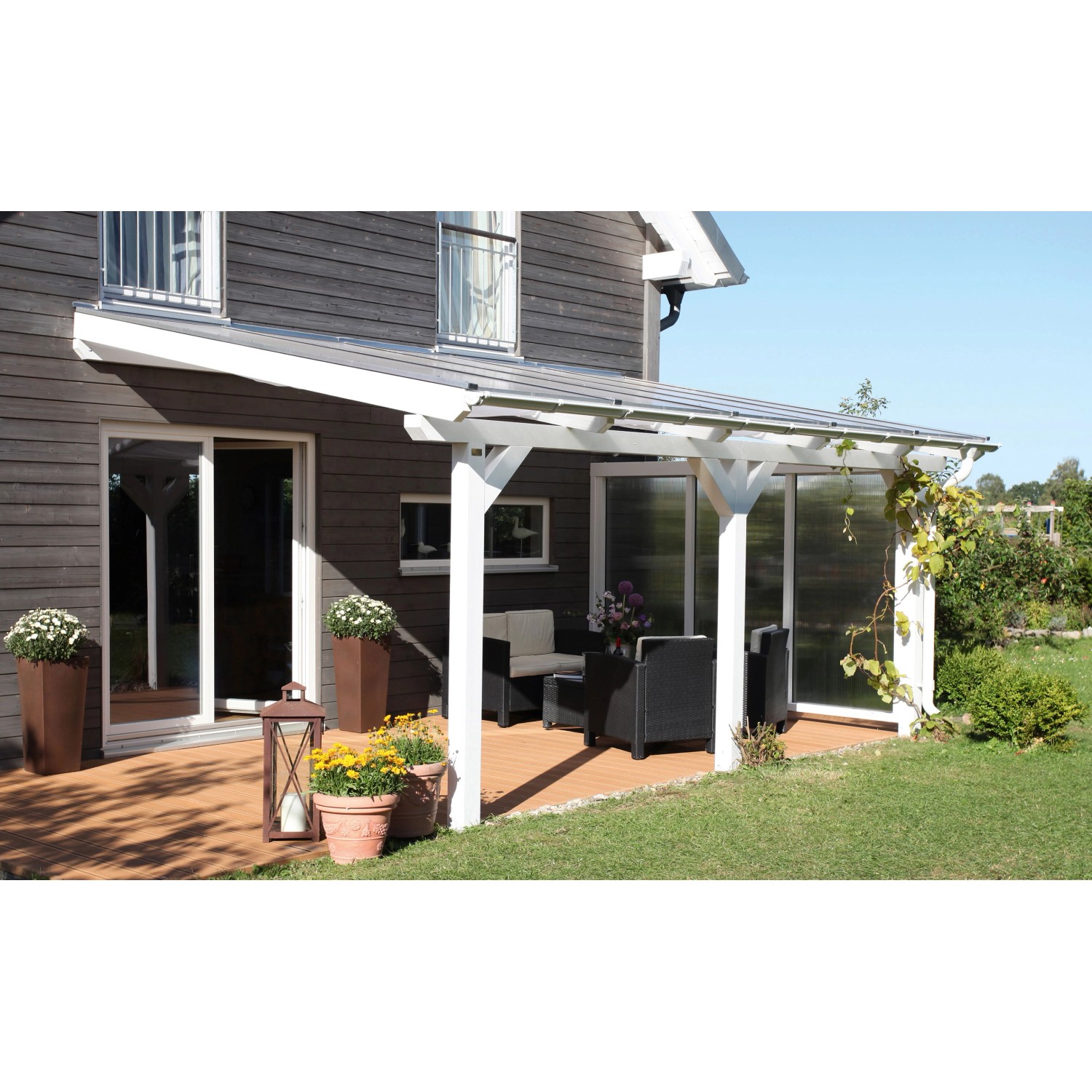 Skan Holz Seitenwand mit Polycarbonat für Terrassenüberdachung, 350/339 cm Tiefe.