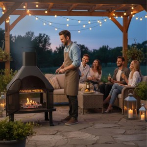 Schwarzer Relaxdays Terrassenofen mit Grillrost in Nutzung. Mann grillt auf der Terrasse, Freunde entspannen im Garten.