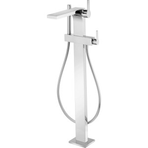 Freistehende Keuco Wannenarmatur Edition 11 in Chrom mit Handbrause und geometrischem Design.