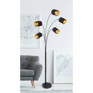 Schwarze Globo Stehleuchte Kaddy, 5-flammig, Design-Stehlampe mit Textilschirm und goldenem Innenleben.