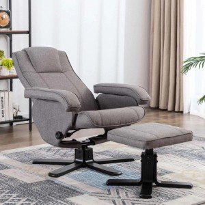 Grauer Svita Charles Relaxsessel mit Hocker, Polyesterbezug, Holzfüßen, drehbar und verstellbar.