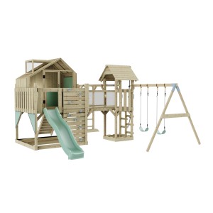 OutdoorToys Spielturm Knut mit Schaukel, Rutsche und Kletterwand in Mintgrün.