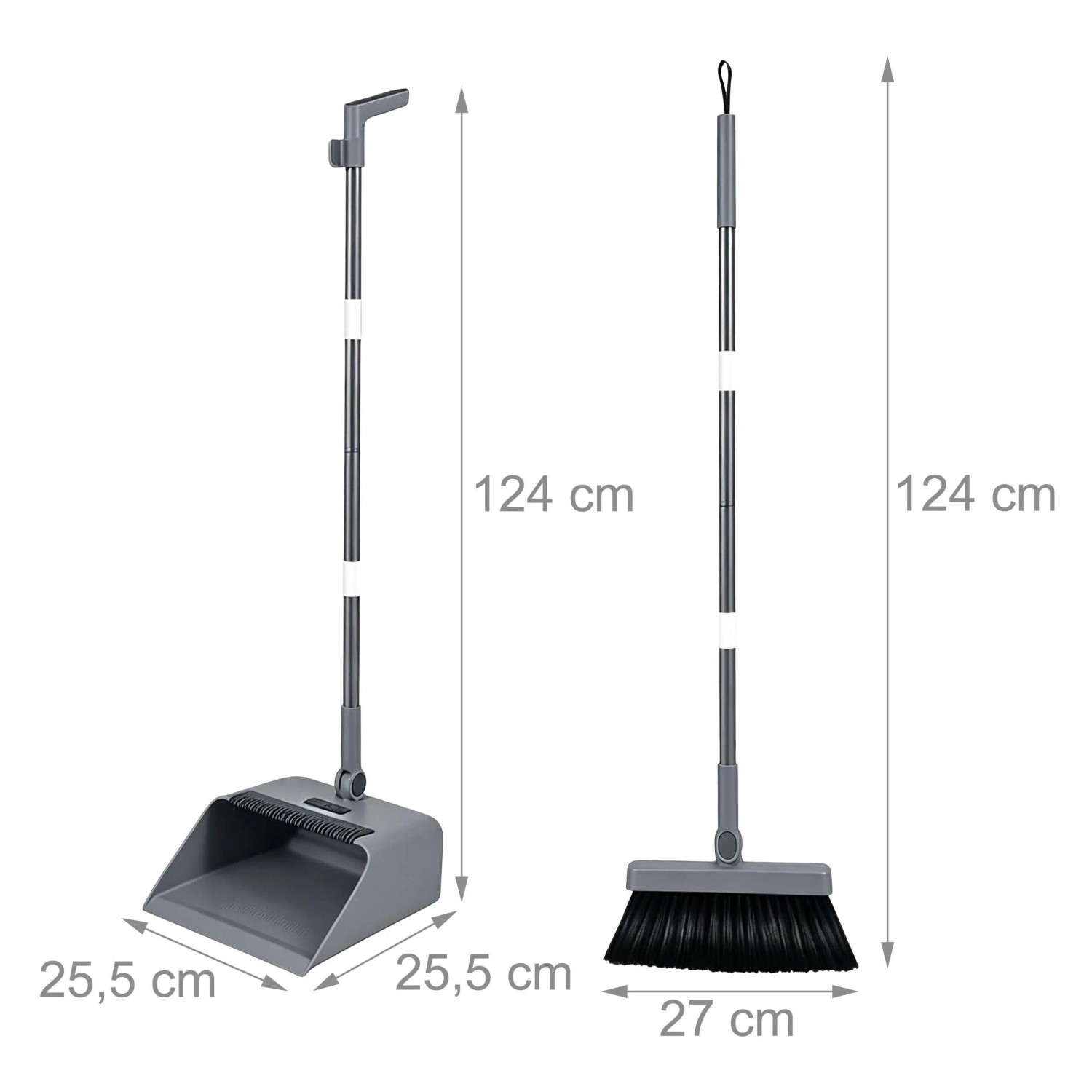 Graue Relaxdays Kehrgarnitur aus Kunststoff/Edelstahl, 124 cm. Ergonomisches Besen- und Kehrschaufel-Set mit drehbarem Kopf und Gummilippe.
