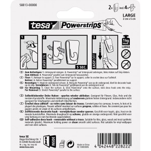 Tesa Powerstrips Deko Haken transparent, 2 Stück mit 4 Klebestreifen, für bis zu 1 kg.
