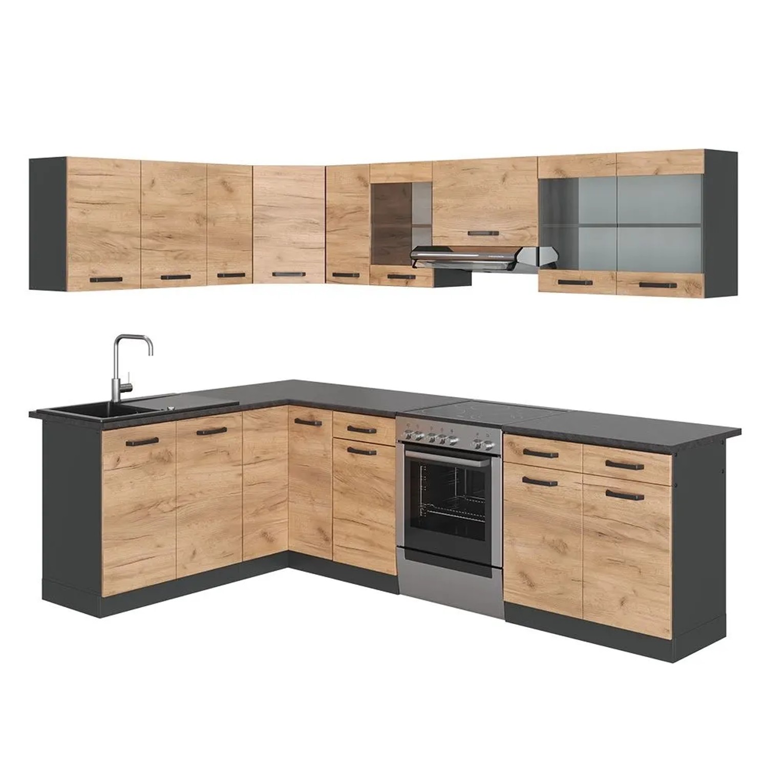 Vicco Eckküche R-Line Goldkraft Eiche/Anthrazit 267 x 82, AP Schwarz