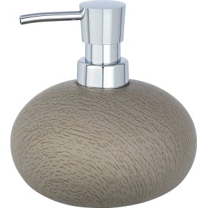 Moderner Wenko Seifenspender Joy Taupe aus Zement mit Chrom-Pumpe für Bad & Küche.