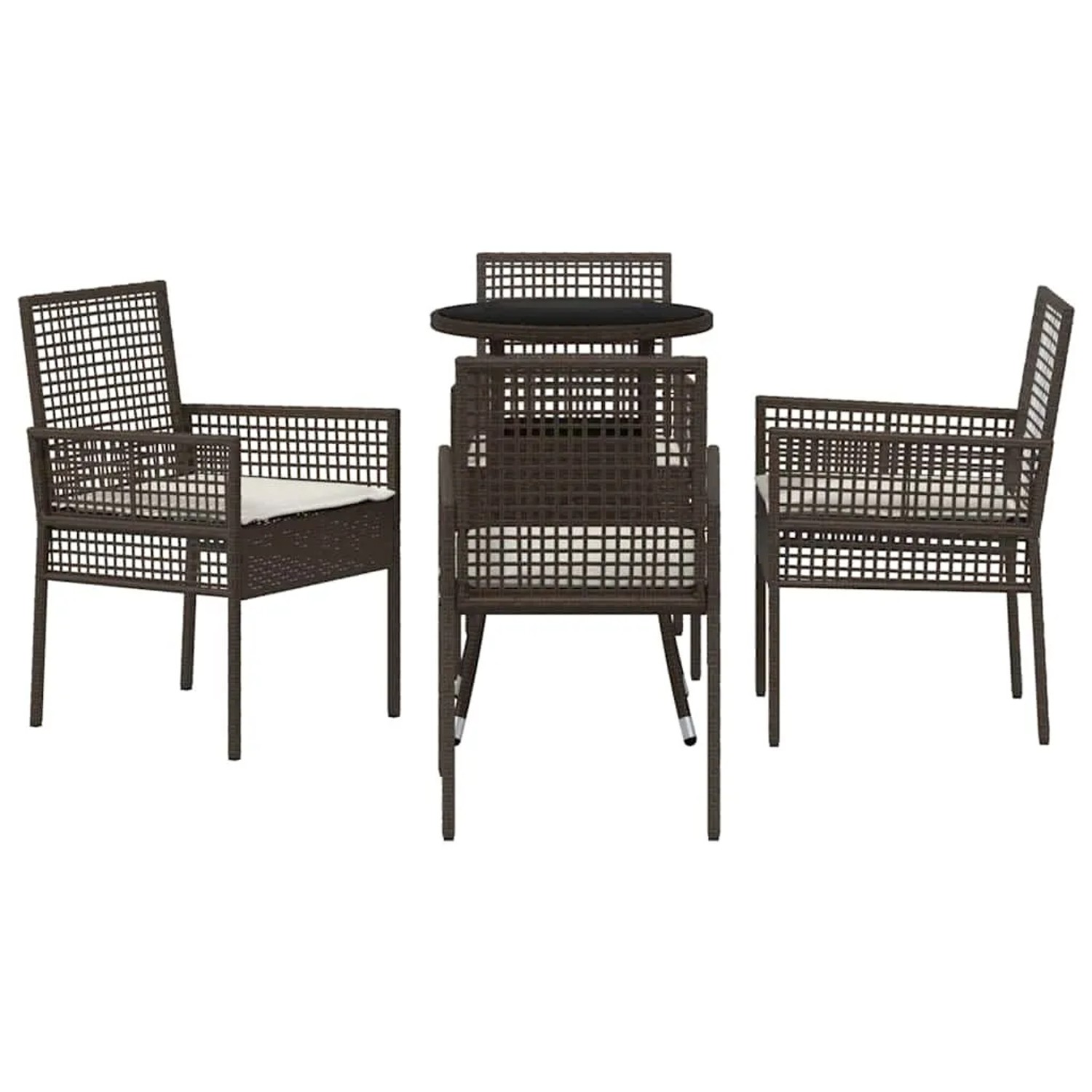Braune 5-teilige Garten Essgruppe aus Poly Rattan. Tisch mit 4 Stühlen und Sitzkissen.