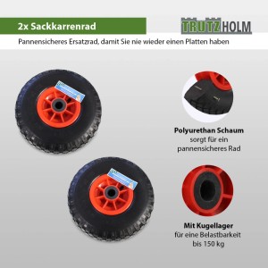 Zwei rote TRUTZHOLM Sackkarrenräder, 260x85mm, mit pannensicherem PU-Schaumreifen und 75mm Nabe. Für Baumaschinen.