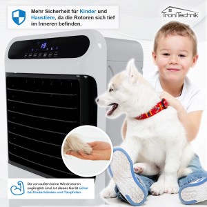 Tronitechnik Luftkühler mit Kind und Hund. Mobiler 4in1 Ventilator mit Wasserkühlung und Fernbedienung.
