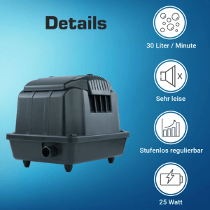 Schwarze Kerry Electronics Membranpumpe für Teichbelüftung. Kompakte Sauerstoffpumpe, 30 L/min, 25 W, leise.