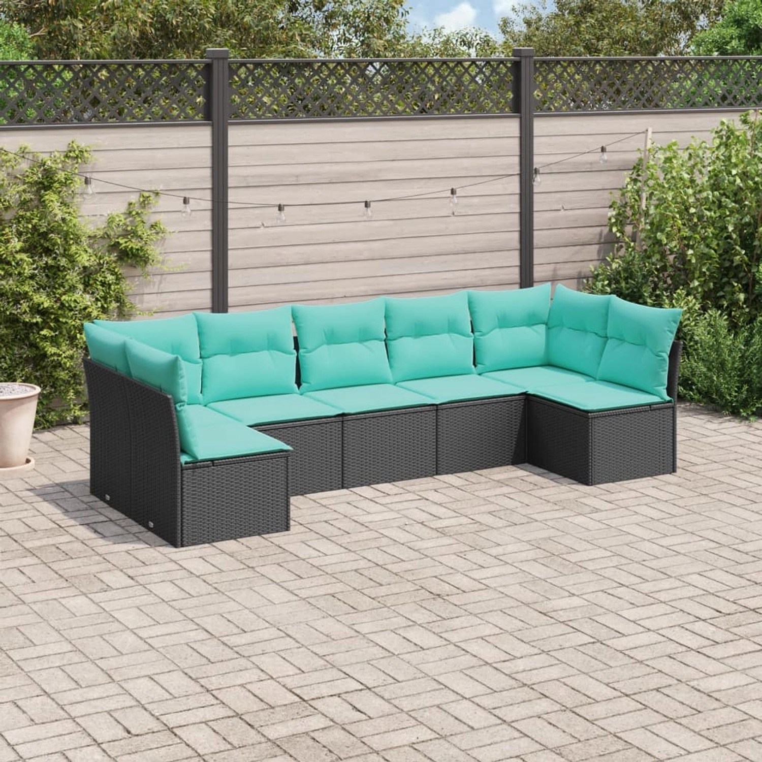 Schwarze 7-tlg. Garten-Sofagarnitur aus Poly Rattan mit türkisen Kissen. Gartenmöbel für Terrasse und Garten.