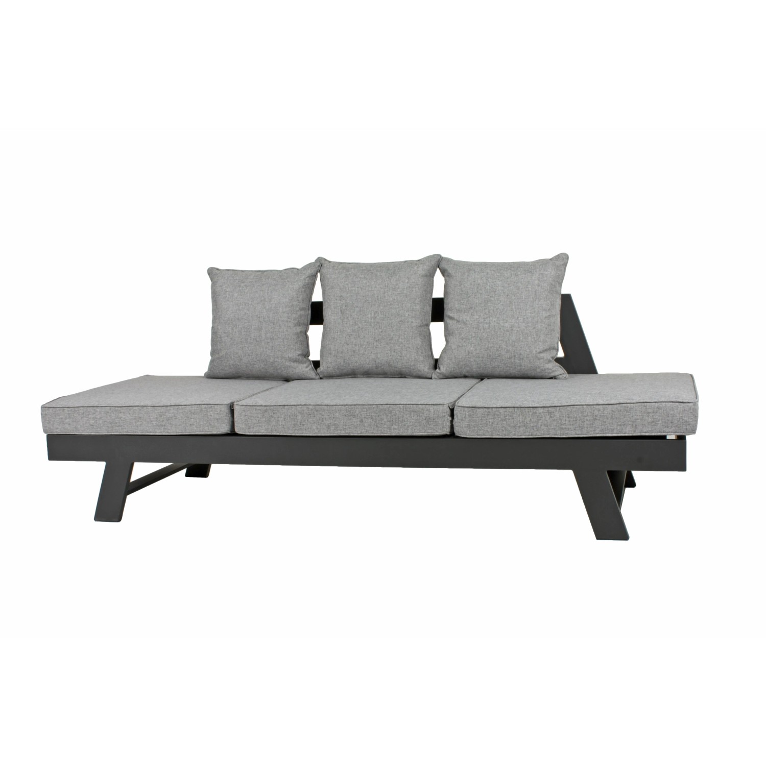 Graues Funktionssofa Donna für den Garten mit verstellbaren Sitzelementen und Aluminiumgestell.