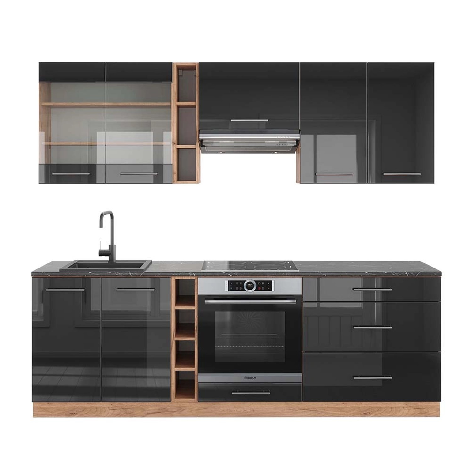 Vicco Fame-Line Küchenzeile Anthrazit Hochglanz/Goldkraft Eiche 235 cm AP A günstig online kaufen