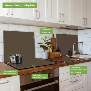 Banjado Herdabdeckplatte aus Glas in Schokobraun als Schneidebrett und Spritzschutz in moderner Küche.