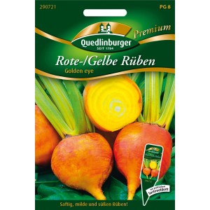Samenpackung Quedlinburger Rote/Gelbe Rübe 'Golden eye'. Gelbe Bete mit Grün auf dunklem Grund.